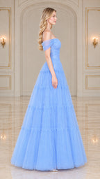 Light blue tiered tulle evening gown side profile view