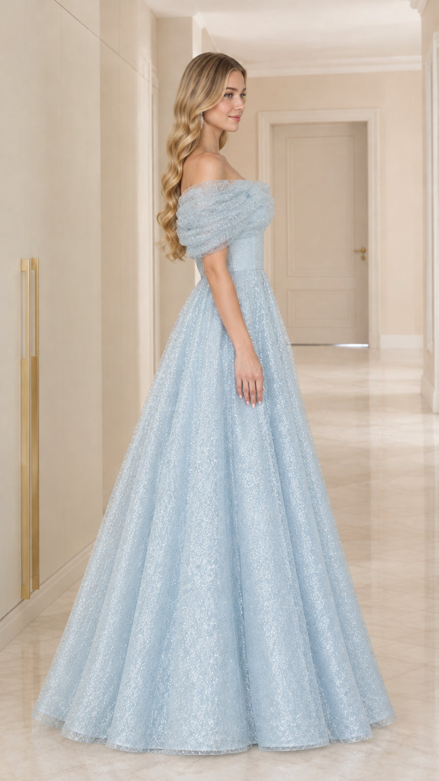 Side profile view of light blue shimmering tulle evening dress with full skirt