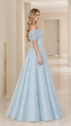 Side profile view of light blue shimmering tulle evening dress with full skirt