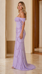 Side profile view of lavender sweetheart beaded mermaid formal dress