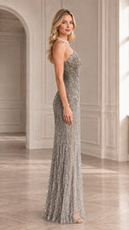 Side profile of silver beaded strapless maxi evening dress