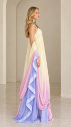 Side angle view of pastel ombre draped maxi gown showing flowing side silhouette