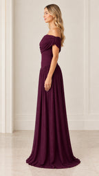 Side profile of burgundy draped off-the-shoulder formal evening dress