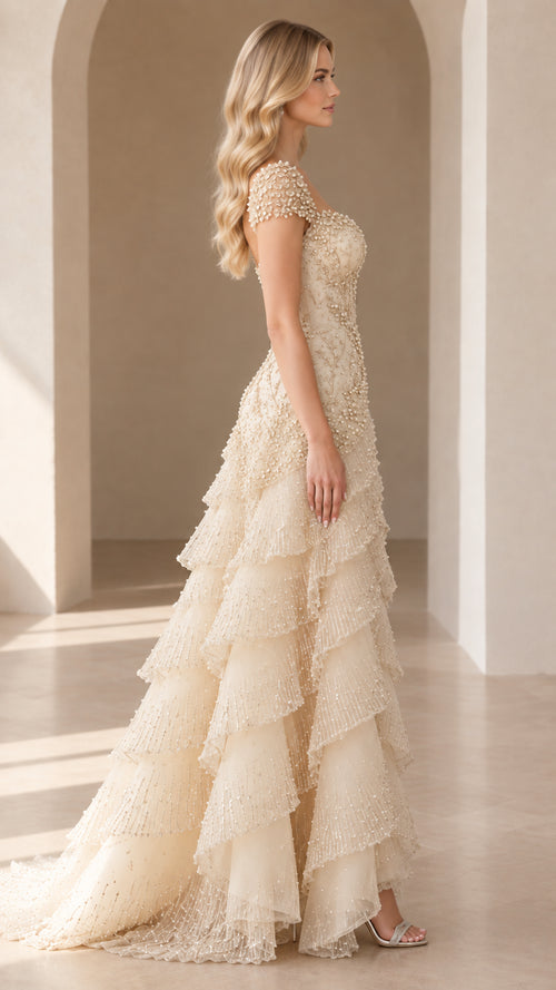 Champagne beaded cap sleeve evening gown side profile view