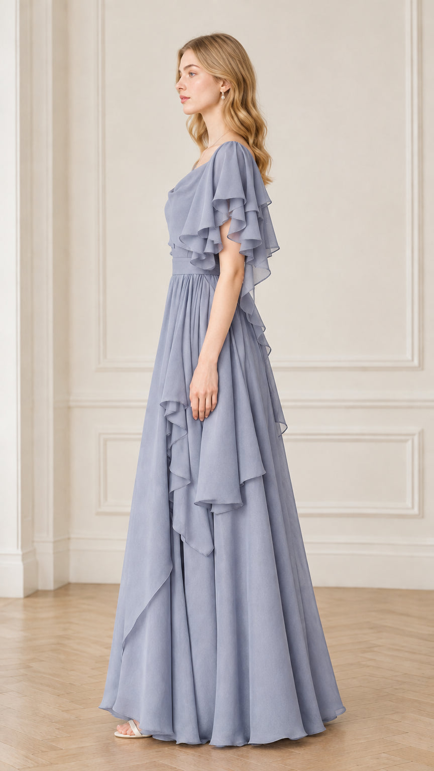 Side profile view of dusty blue cascading ruffle A-line formal gown