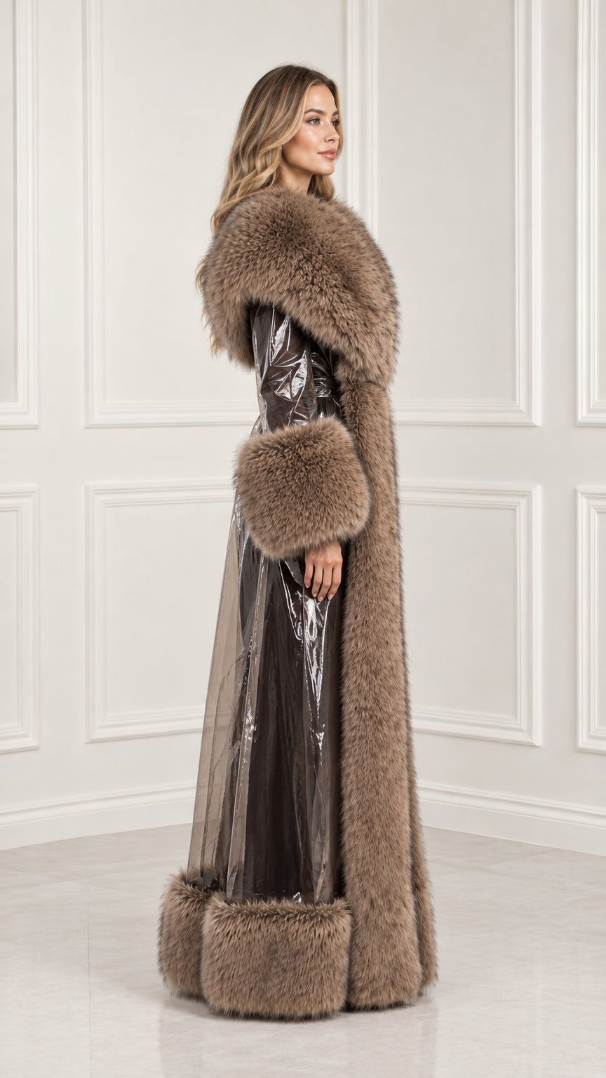 Side profile of woman in taupe brown high-shine floor-length coat with thick fur trim