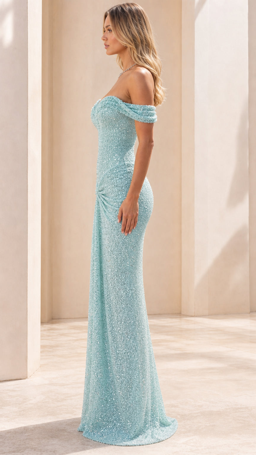 Side profile view of Light Blue sequin mermaid formal dress