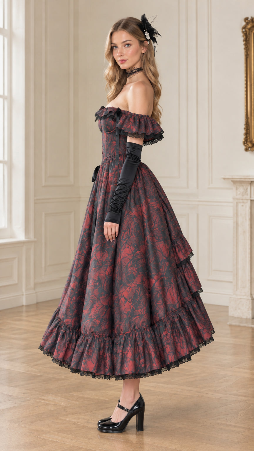 Side profile view of Burgundy off-the-shoulder corset maxi dress showing tiered skirt volume