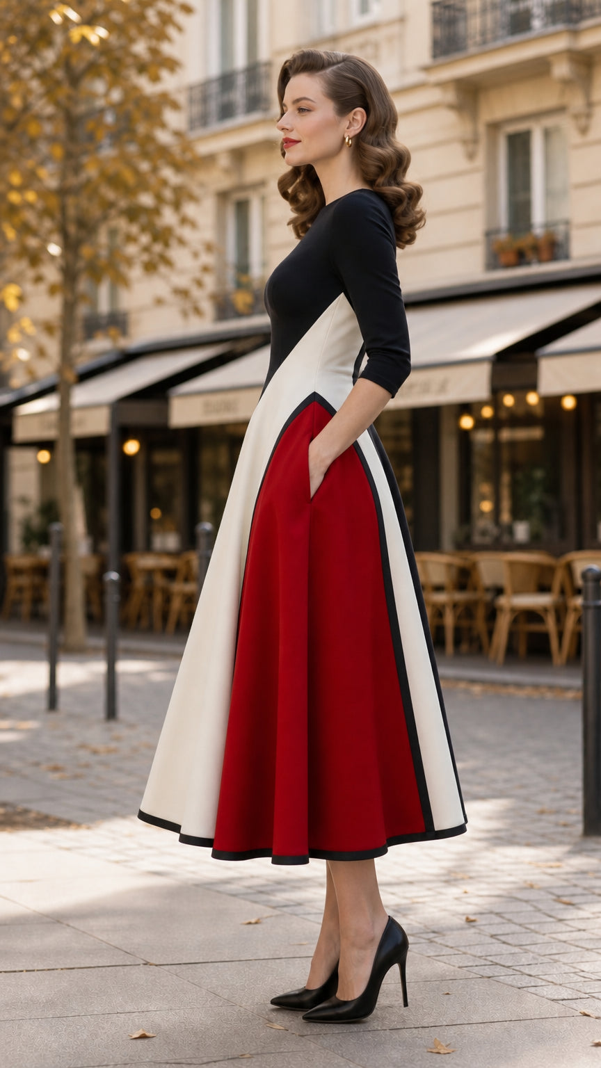 Side view of woman wearing Black colorblock midi dress showing convenient side pocket