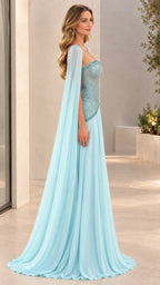 Side profile view of sky blue cape sleeve evening gown with pleated skirt