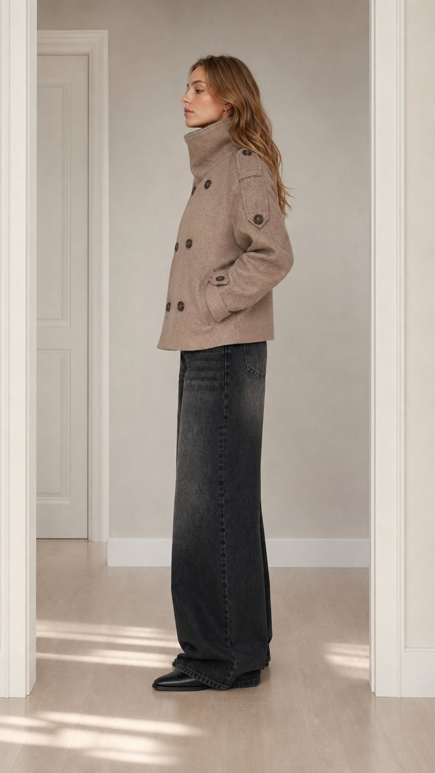 Side profile view of taupe cropped stand collar wool jacket with side pockets