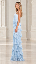 Side profile of model in light blue strapless tiered fringe floor-length dress