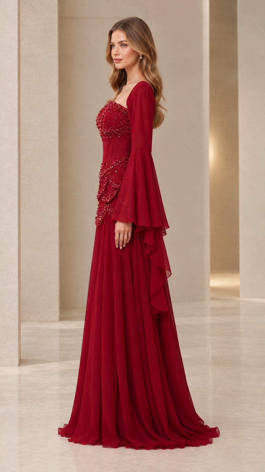 Burgundy beaded evening dress side profile showing bell sleeve drapery and floor-length silhouette