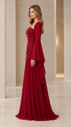 Burgundy beaded evening dress side profile showing bell sleeve drapery and floor-length silhouette