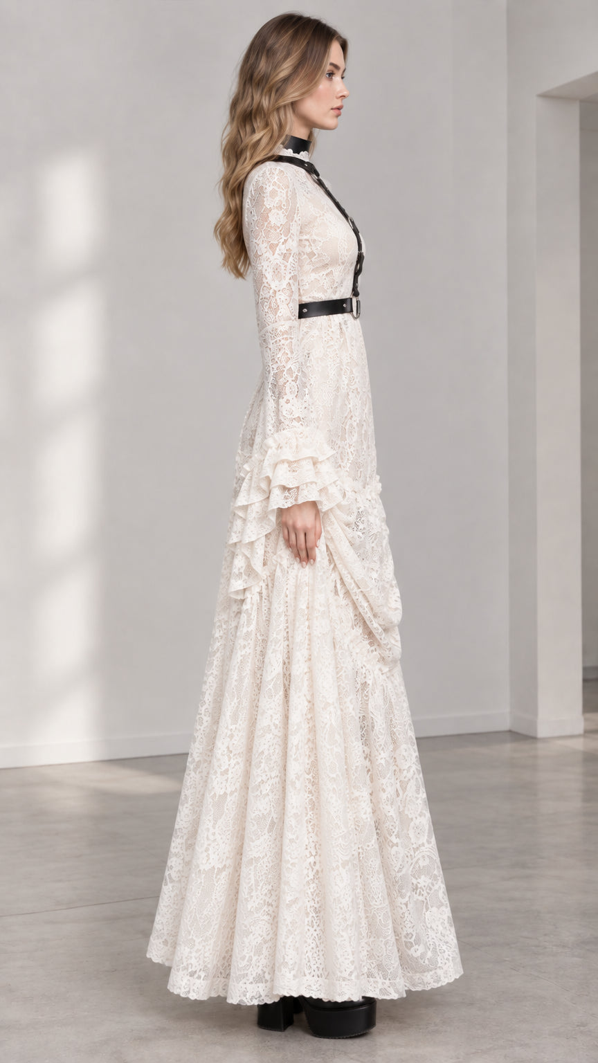 Side profile view of woman modeling long Ivory lace maxi dress