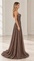 Side profile view of mocha strapless sequin gown displaying the elegant silhouette and flowing train