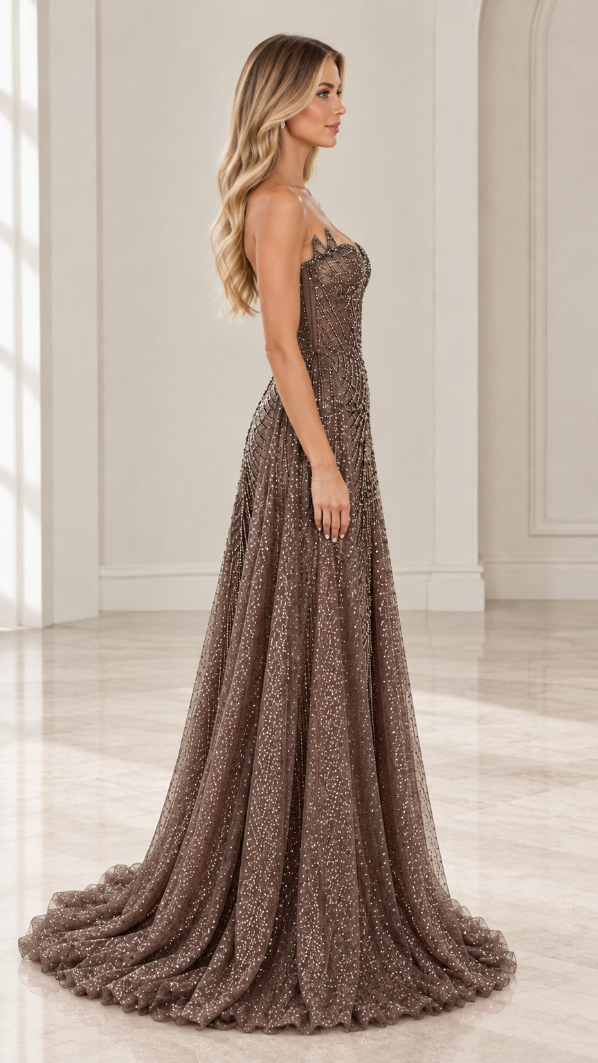 Side profile view of mocha strapless sequin gown displaying the elegant silhouette and flowing train