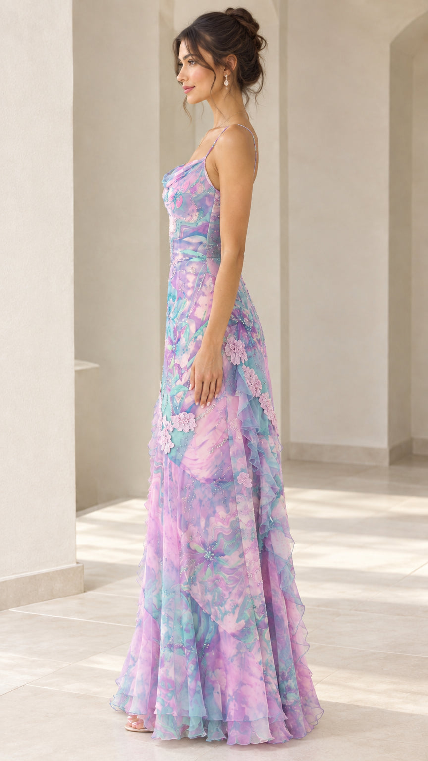 Side profile view of purple floral print maxi dress showing flowy silhouette