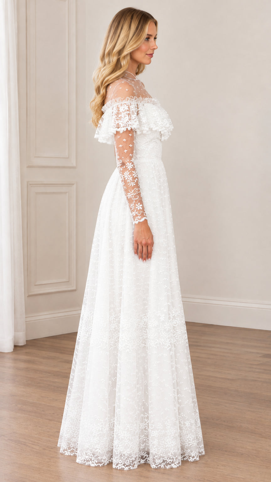 Side angle of woman wearing white ruffled lace floor-length evening dress