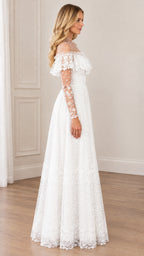 Side angle of woman wearing white ruffled lace floor-length evening dress