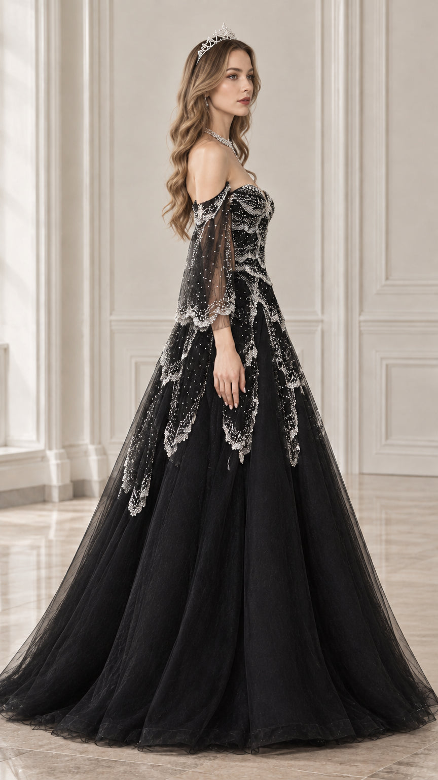 Side profile view of black beaded tulle ball gown showing full silhouette