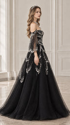Side profile view of black beaded tulle ball gown showing full silhouette