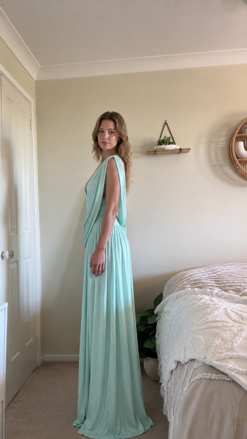 Side profile view of mint green cowl back maxi dress showing draped bodice silhouette