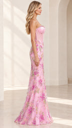 Side profile view of woman wearing pink strapless floral corset evening dress