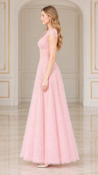 Side profile view of pink lace A-line floor-length evening dress