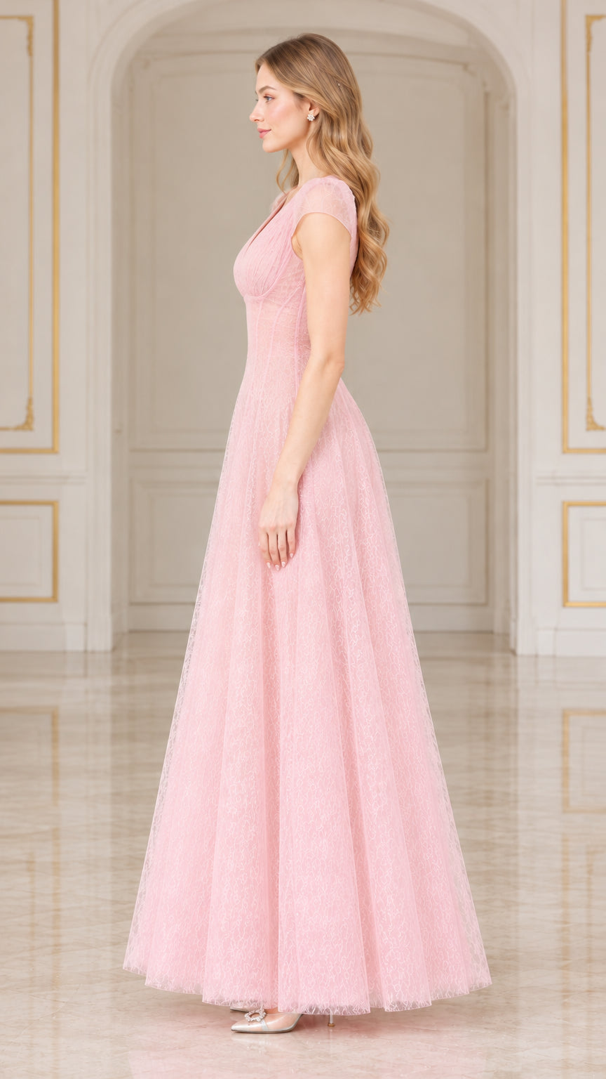 Side profile view of pink lace A-line floor-length evening dress