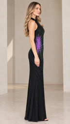 Side profile of woman wearing black beaded halter column gown with purple hip accent
