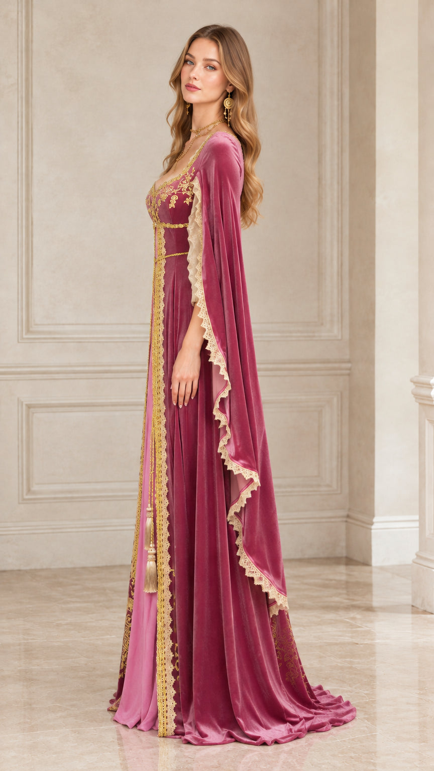 Side profile view of dusty rose medieval velvet dress showcasing split open cape sleeves