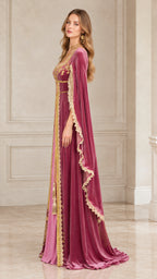 Side profile view of dusty rose medieval velvet dress showcasing split open cape sleeves