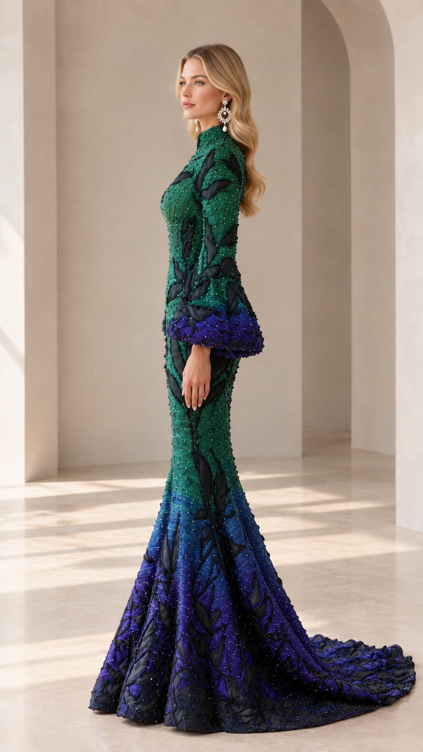 Side profile of emerald blue beaded mermaid gown showing sculpted silhouette and flared train