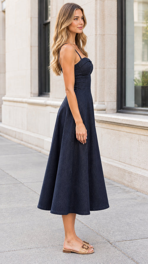 Side profile view of model wearing dark blue sweetheart midi dress