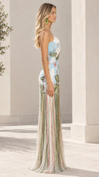 Side full-length view of light blue strapless fringe embroidered evening dress