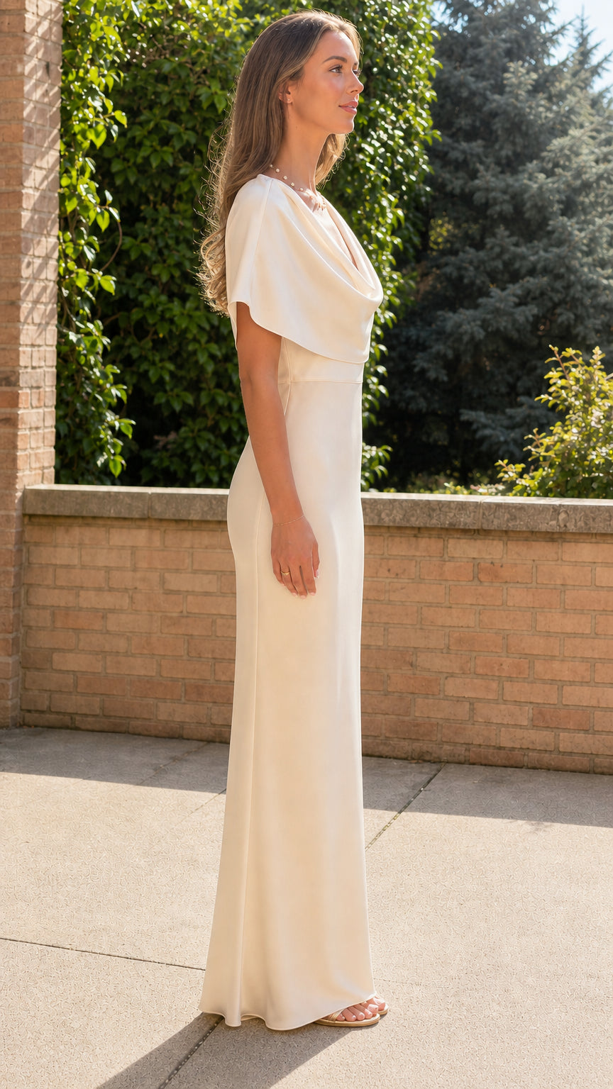 Side profile view of ivory satin capelet evening gown