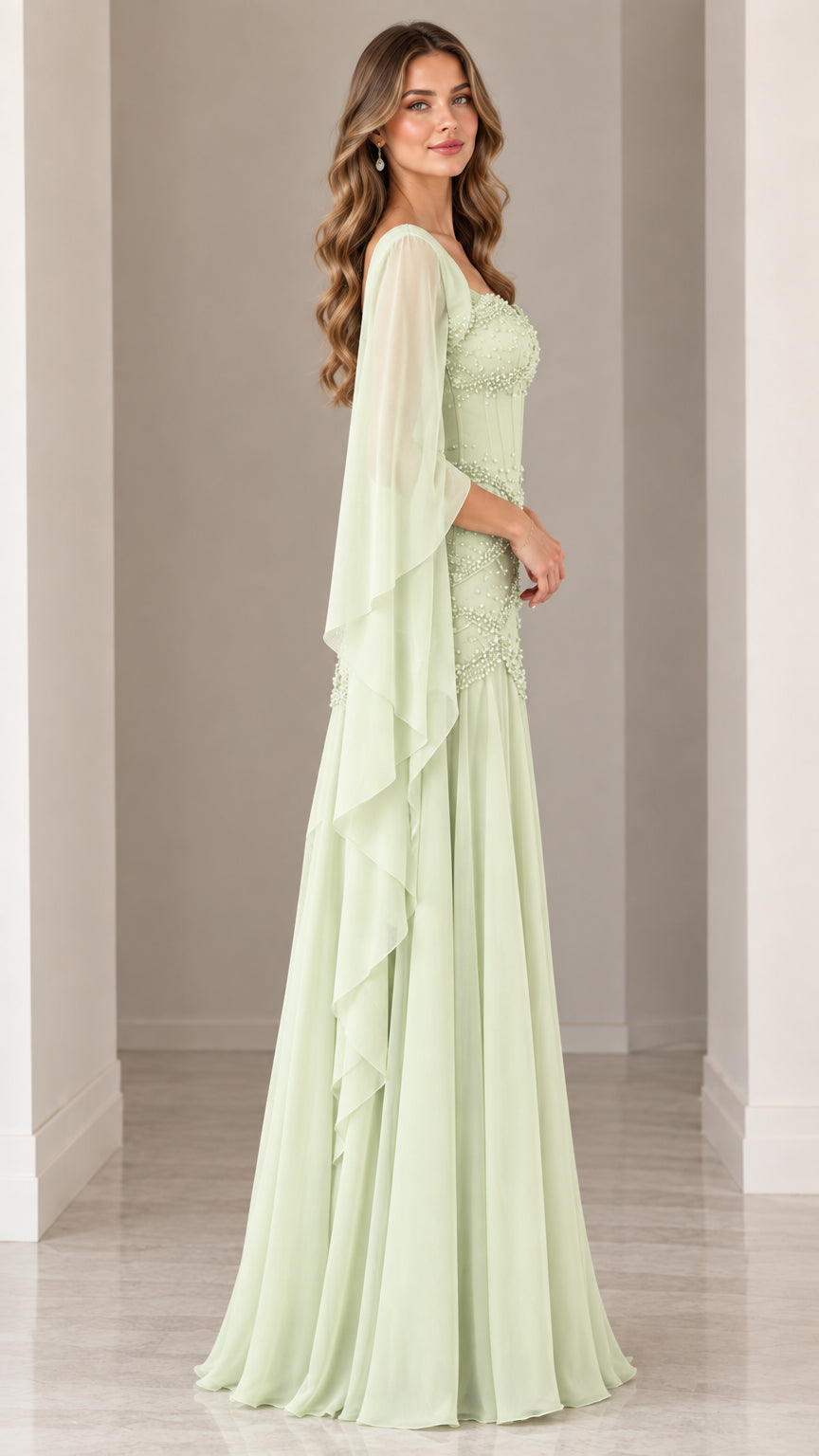 Side profile view of woman modeling sage green cape sleeve formal maxi dress