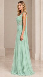 Side profile view of sage green one-shoulder lace bodice formal maxi dress