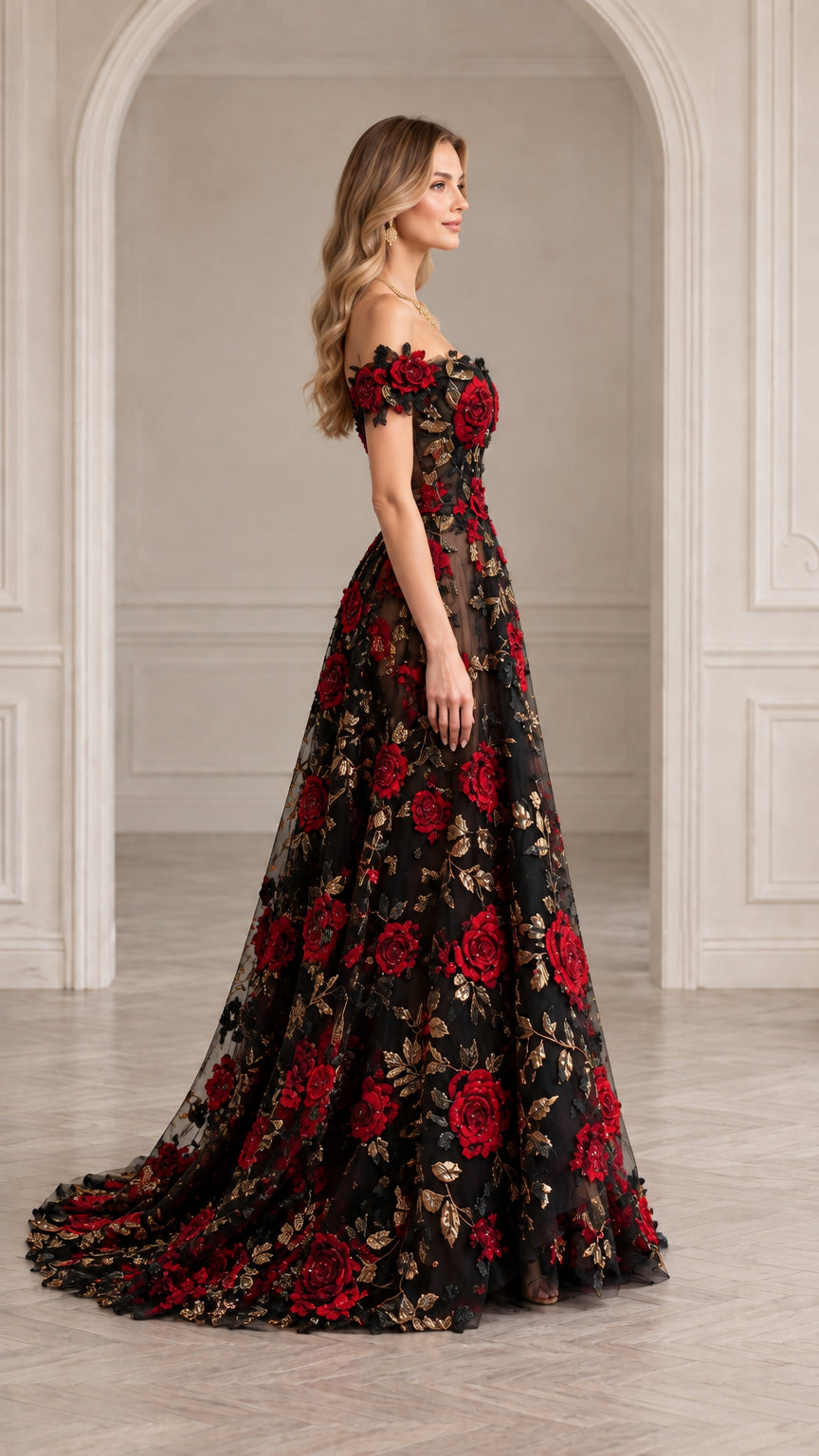 Side profile view of elegant black floral embroidered evening gown