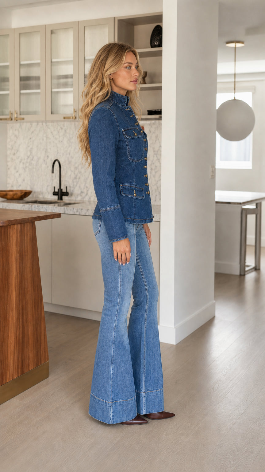 Side profile view of model wearing denim blue button-front structured jacket