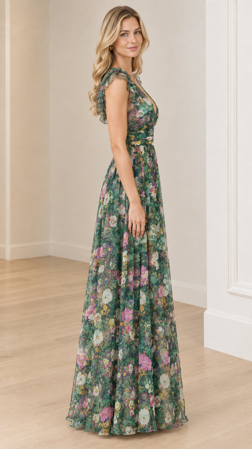 Side angle of model wearing green floral sleeveless maxi dress