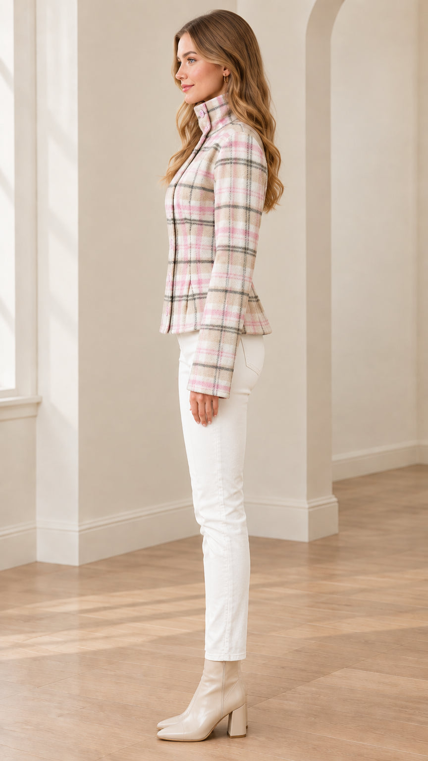 Side profile view of pink plaid buttoned peplum jacket