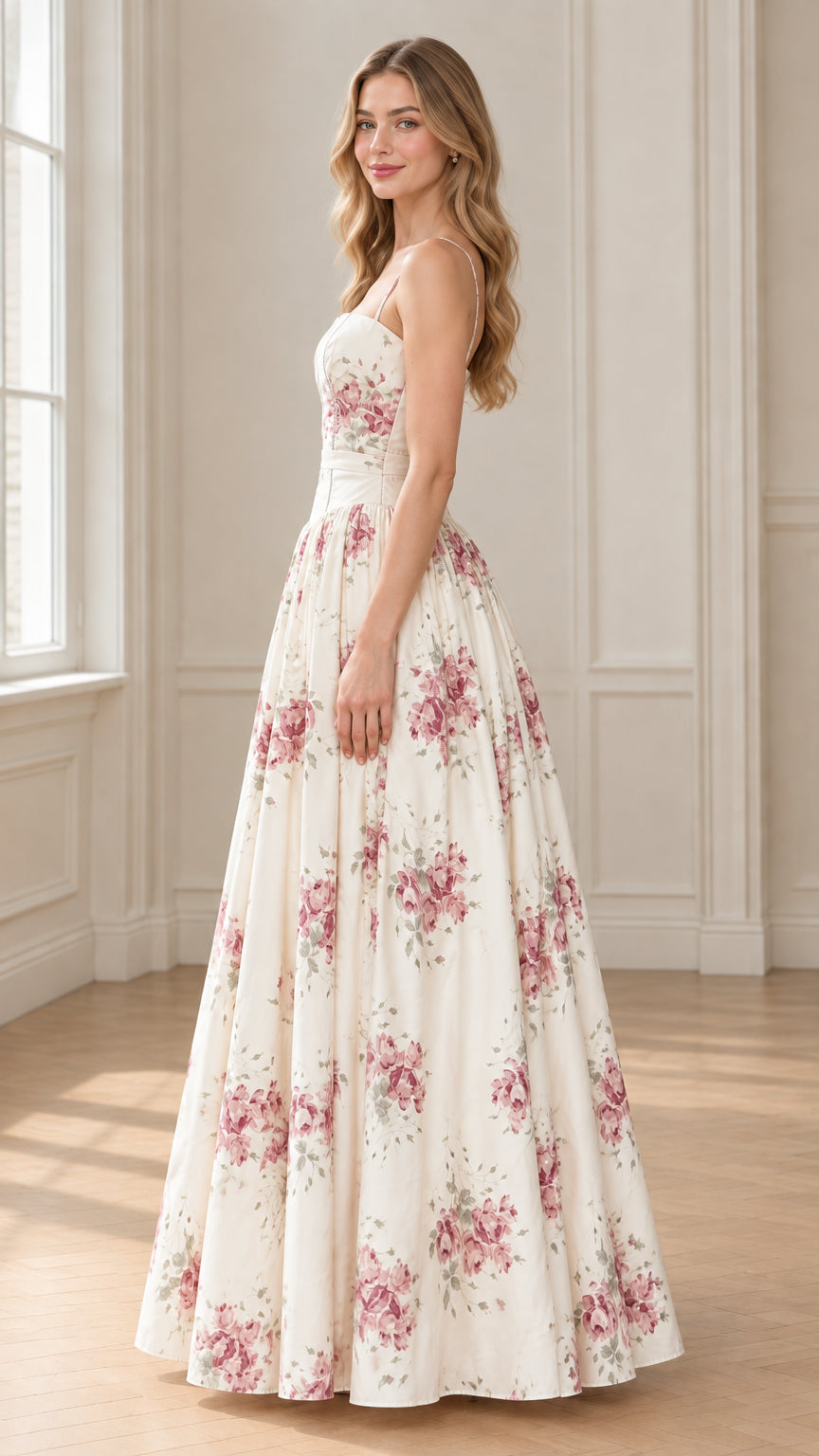 Side profile of model in cream floral pleated A-line evening maxi gown