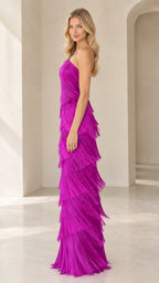 Side profile view of magenta strapless tiered fringe floor-length gown