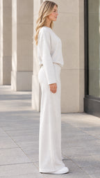 Side profile view of beige two piece relaxed lounge set