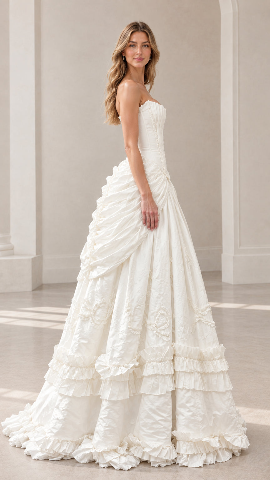 Side angle of model in ivory strapless evening ball gown with draped bustle skirt