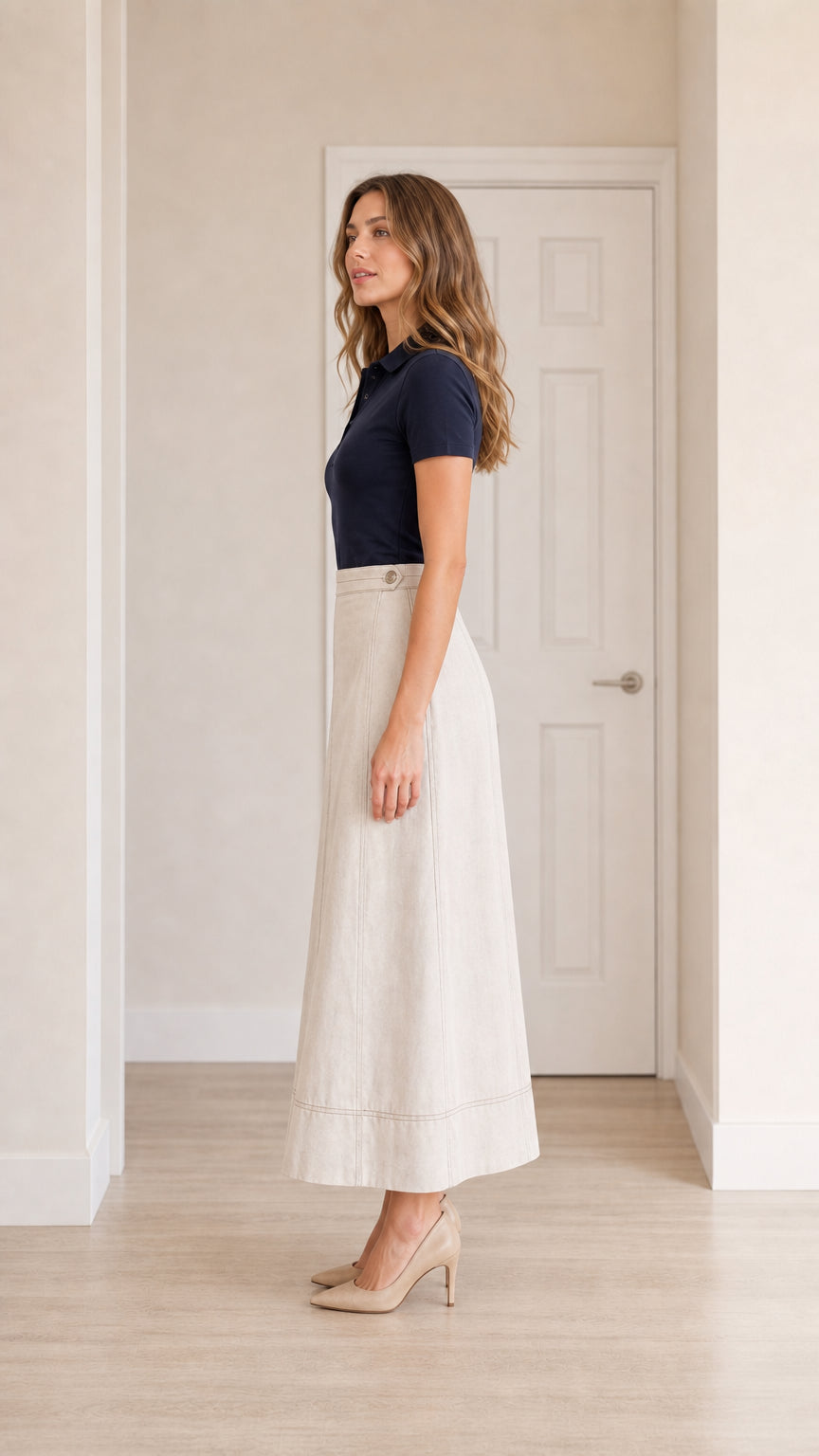 Side profile view of model wearing beige panel-stitched maxi skirt and nude heels