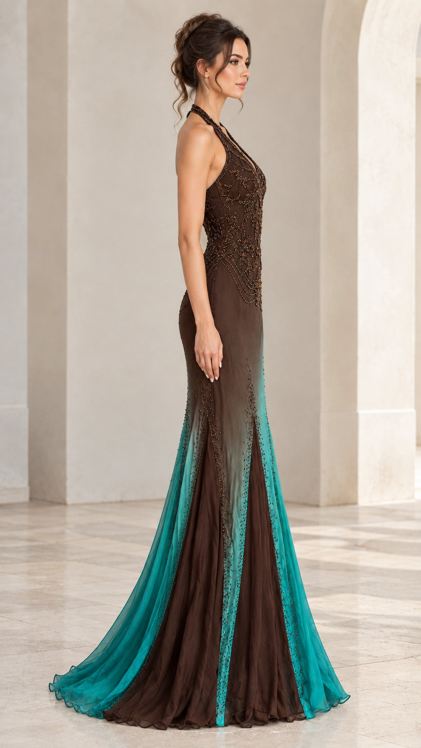 Side profile view of brown and turquoise ombre beaded mermaid gown