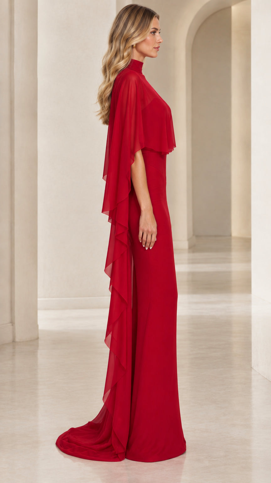 Side profile of red cape overlay floor length evening dress